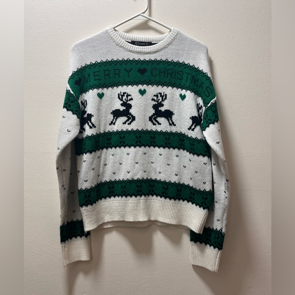 Simplee Festive Holiday Season Pullover Sweater, Sz Small, Green & White - Picture 1 of 6